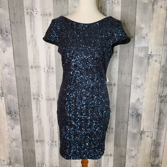 Dress The Population Large Tabitha Navy Sequin Short Sleeve Dress - Picture 2 of 5